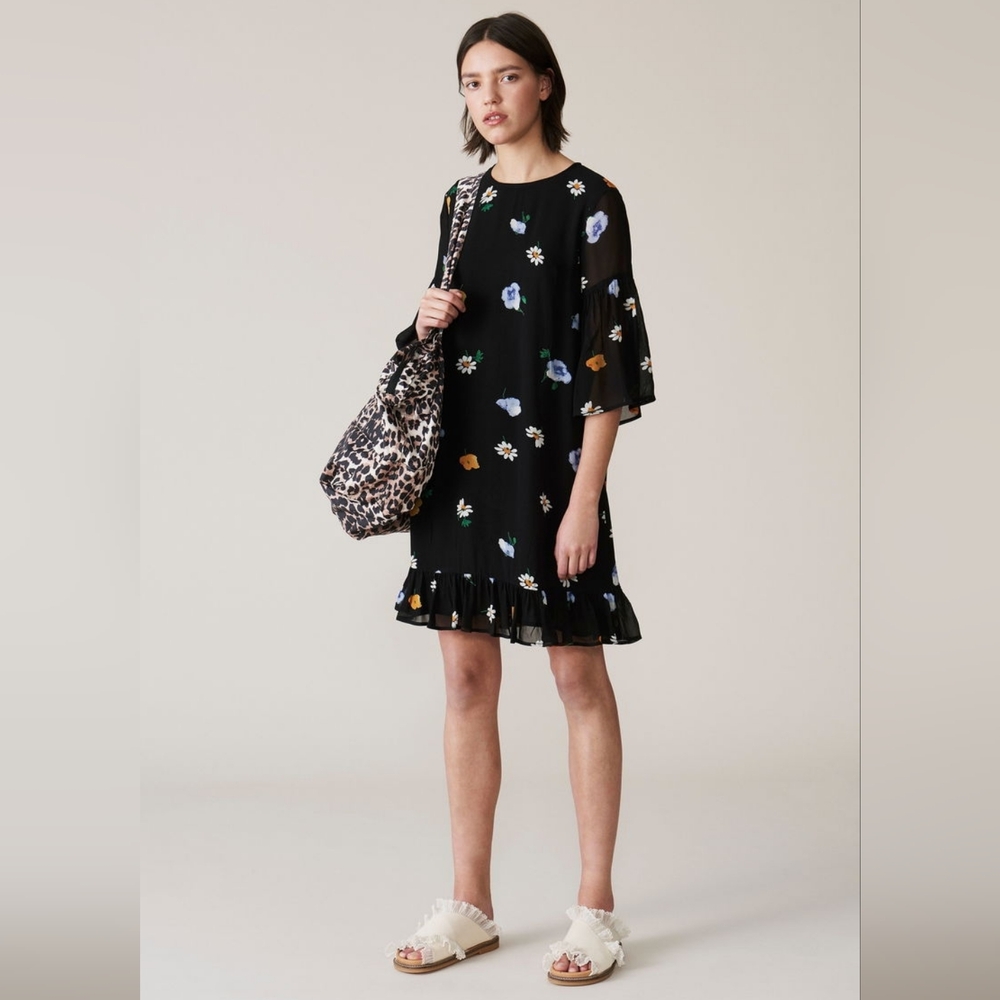 Ganni Black Floral Ruffle-Hem Mini Dress with Blue & Yellow Accents